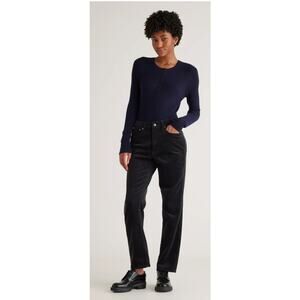 Quince Navy Ribbed Henley Top with Black Straight-Leg Pants